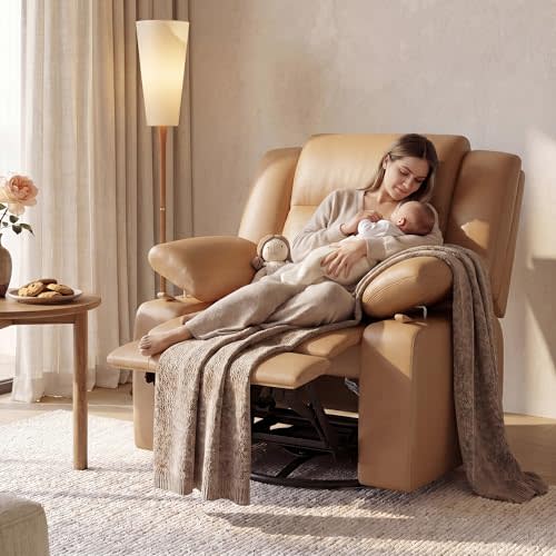 AILEEKISS Nursery Glider Recliner Chair with Adjustable Armrests, Swivel Rocking Recliner for Breastfeeding Moms, 360° Swivel, 30° Rocking, 90°-160° Recline, Easy-Clean Nursery Chair(Brown)