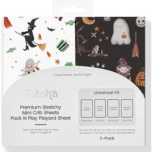Halloween Pack n Play Sheets Fitted, Super Stretchy Jersey Mini Crib Sheets Fitted, Silky Comfort Pack and Play Mattress Sheets 2 Pack, Vampire, Black Cat, Pumpkin Deco