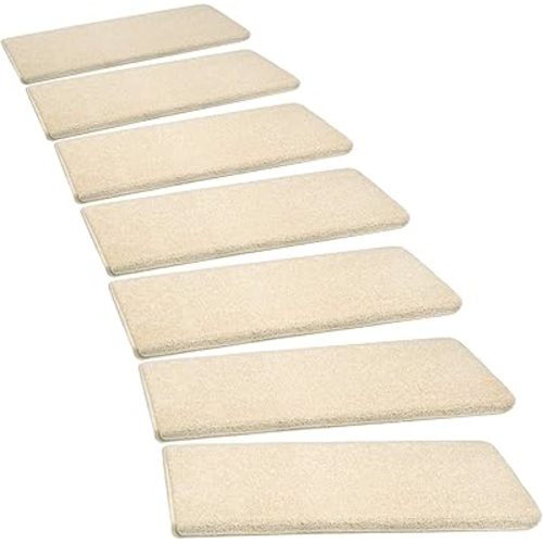 PURE ERA Bullnose Carpet Stair Treads Set Tape Free Non-Slip Indoor Stair Protectors Pet Friendly Rugs Covers Soft Skid Resistant Washable Reusable 9.5" x 30"(7 Pieces,Light Beige)