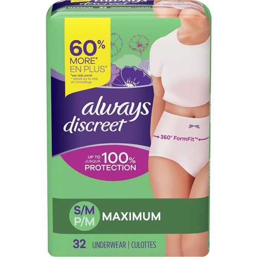 Always Discreet Adult Diapers for Women, Incontinence Underwear, Postpartum Essentials, Disposable Briefs, Max Absorbency, Bladder Leak Protection, Small/Medium, 32ct
