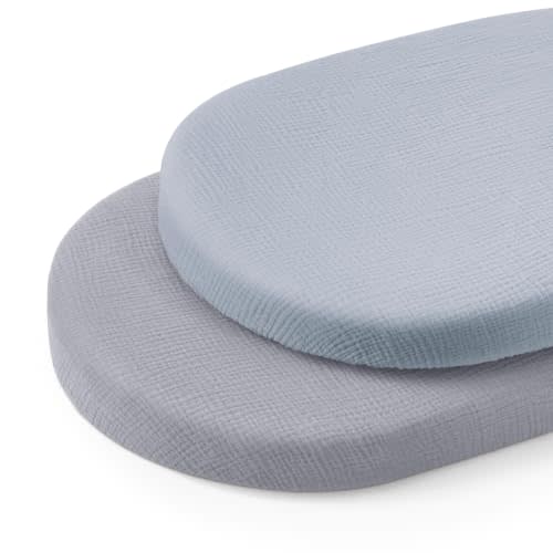 Blissful Diary Muslin Bassinet Sheets, 2 Pack, Light Blue & Grey | fitted for bassinet mattress, soft and breathable cotton, boho style, easy care for machine wash, gift for boy and girl