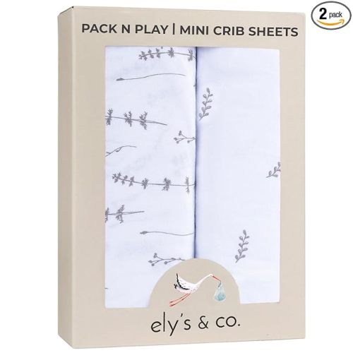Ely’s & Co. Pack and Play Sheets, for Mini/Portable Crib, 2 Pack Fitted Playpen Play Yard Sheet Set Compatible with Graco Pack n Play, for Baby Boys/Girls, 100% Cotton, Forest Grey Floral, 38”x24”x5”