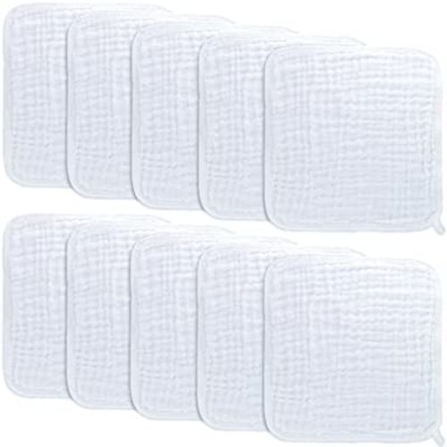 Baby Washcloths, Muslin Cotton Baby Towels, Large 10”x10” Wash Cloths Soft on Sensitive Skin, Absorbent for Boys & Girls, Newborn Baby & Toddlers Essentials Shower Registry Gift (White, Pack of 10)