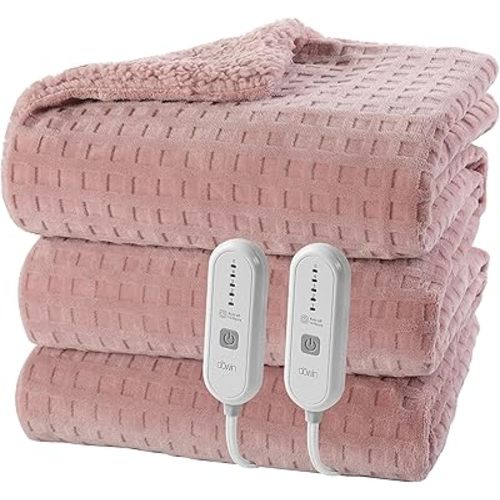 Dowin Pink Heated Blanket Queen Size - Waffle Electric Blankets with Dual Control, 5 Heating Levels, 10 Hrs Auto Off, Sherpa Flannel Warming Blanket for Bed, Machine Washable, 84×90"