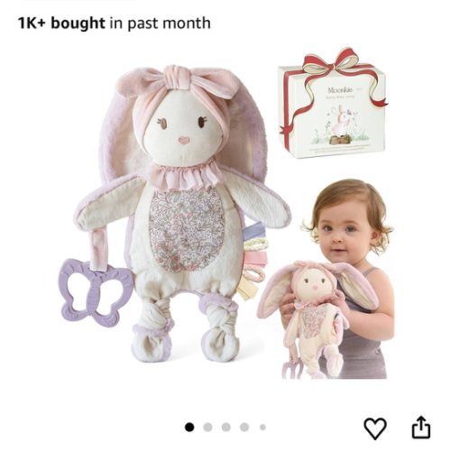 Moonkie Baby Lovey with Silicone Teether, Bunny Security Blanket with Textured Ribbons, Crinkle Toys, Soft Minky Velour & Natural Cotton, Newborn Girl Gift for Baby Shower or Birthday