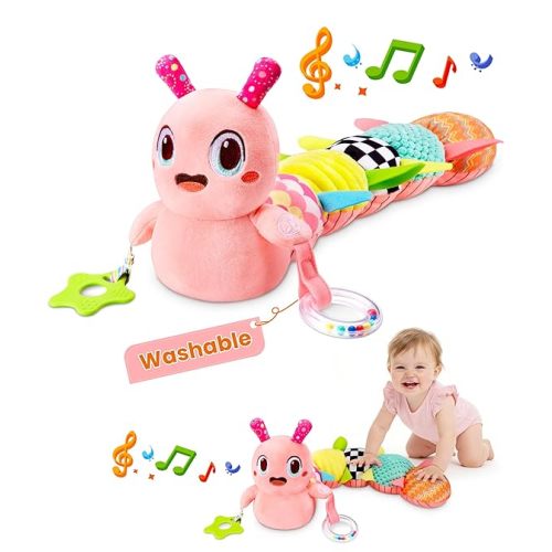 Baby Toys 0-6 Months, Washable Baby Musical Caterpillar Toys with 10 Kid's Songs,Rattles,BabyTeething Toys,Suitable for 0-6, 6-12 Months Infant Tummy Time Toy,Newborn Baby Boy&Gril Gifts(Pink)