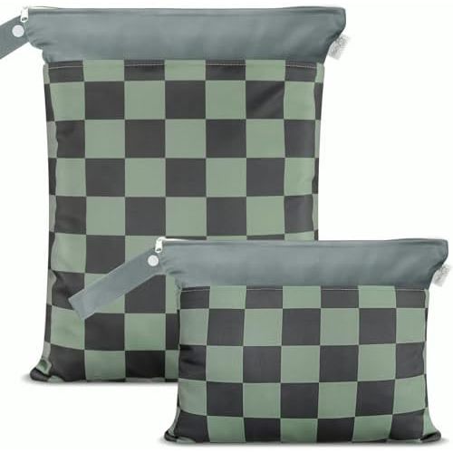 Cloth Diaper Wet Bags – Waterproof & Reusable Bag with 2 Zippered Pockets, 100% Polyester with Handle, Perfect for Stroller, Travel, Baby Essentials & Breast Pump Storage (Green Check-2pk)