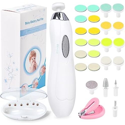 Baby Nail File Electric Nail Trimmer, Baby Nail Filer Kit with Nail Clippers, Toes Fingernails Care Trim Polish Grooming Safe for Infant Newborn Babies Toddler Kids or Women, 12 Grinding Heads - White