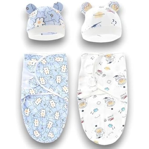 Newborn Baby Infant Sleep Sack Adjustable Swaddle Wrap Wearable Blanket with matching Beanie Hat 100% Knitted Cotton 2 Pack