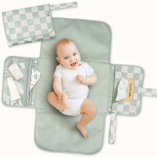 Tiny Twinkle Portable Diaper Changing Pad | Foldable, Waterproof & Compact Travel Changing Mat with Storage | Smart Wipes Pocket for On-The-Go Parents | Newborn Shower Gift (Sage Checkers)