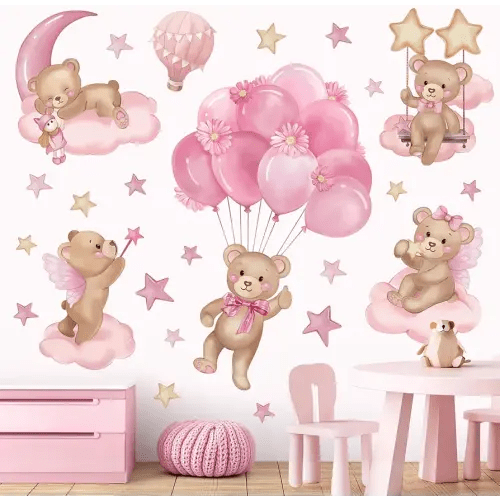 wondever Pink Balloon Bear Wall Stickers Hot Air Balloon Animals Clouds Stars Peel and Stick Wall Art Decals for Baby Nursery Kids Girls Bedroom