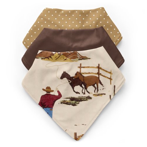 Sweet Jojo Designs Western Cowboy Fabric Bandana Baby Bibs 3 Pack Set Red Blue Chocolate Brown White Wild West Southern Horse