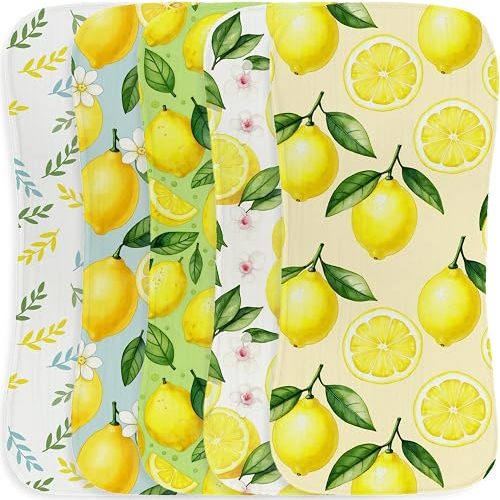 5 Pack Baby Burp Cloths for Boys Girls, Sweet Lemon Citrus Theme Large Absorbent Burping Rags, Soft Cotton Contoured Spit Up Cloths with Fruit Blossom Print, Unisex Newborn Gift