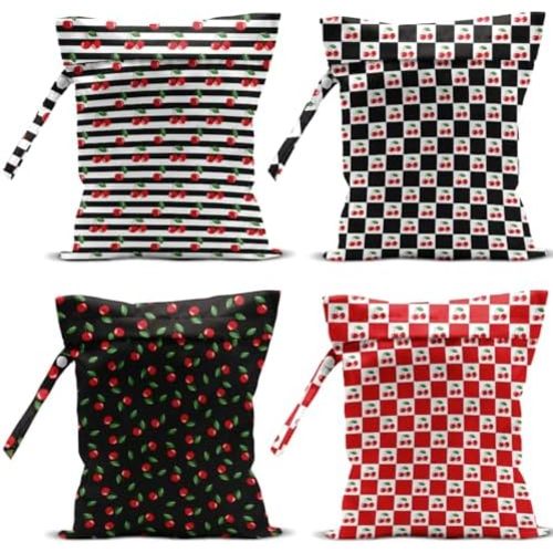 4 Pack Cute Checkered Stripe Cherry Wet Bag Waterproof Washable Reusable Wet Dry Bag for Swimsuit Bathing Dirty Clothes Cloth Diaper Travel Beach Pool Yoga Gym Toiletries Travel Beach Essentials
