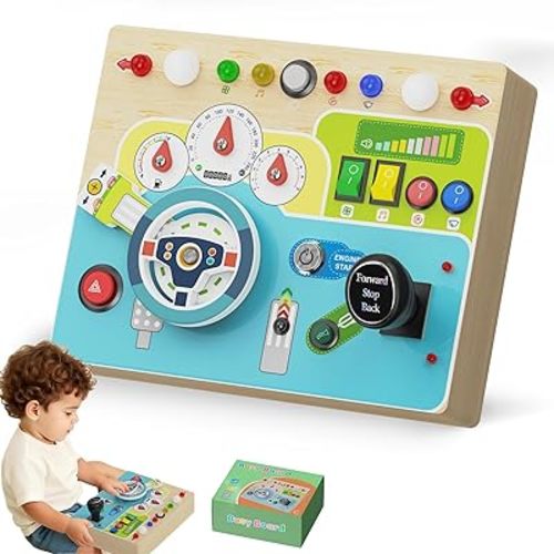 Busy Board With Led Light - Montessori Busy Board Wooden Sensory Toys for Toddlers 1 2 3 Years Old, Educational Baby Fidget Boards Toy, Creative Birthday Christmas Gifts for 1-3 2-3 3-4 Year Old Boys