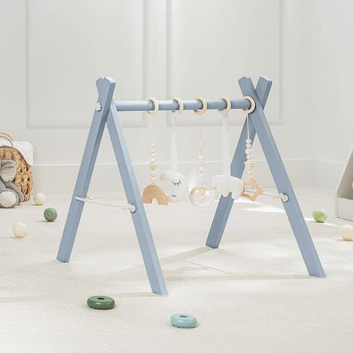 Comfy Cubs Wooden Baby Play Gym - Natural Finish Pinewood Baby Activity Gym with 5 Sensory Hanging Toys - Easy No-Tool Assembly, Safe and Durable for Infant Motor and Visual Development - Pacific Blue