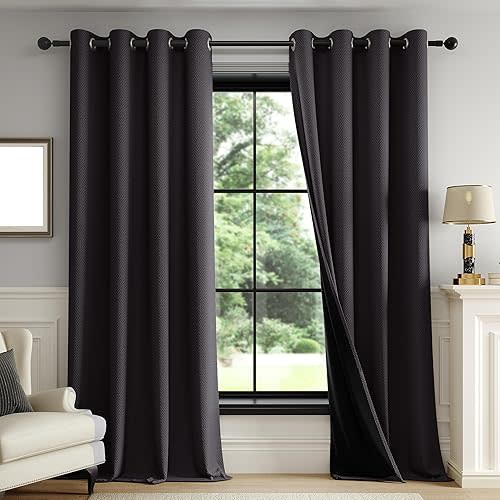 FMFUNCTEX 100% Blackout Curtains for Bedroom, Black Curtains 72 Inch Length Textured Thermal Insulated Curtains for Living Room Drapes, Black Out Drapery Grommet Room Darkening 2 Panels