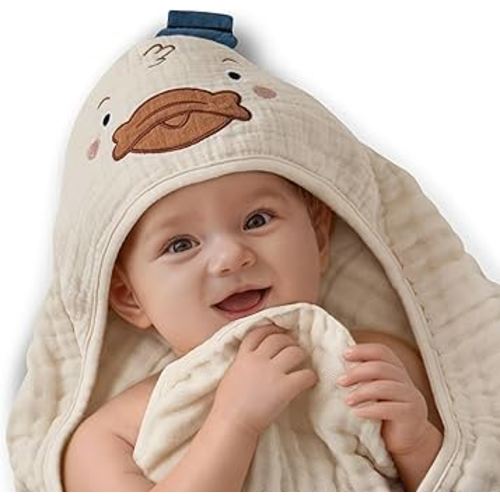 Blissful Diary Muslin Baby Hooded Towel 1 Pack, Soft & Absorbent Bath Towel for Infant, Toddler, Unisex, Baby Gift, Newborn Essentials, Dapper Duck