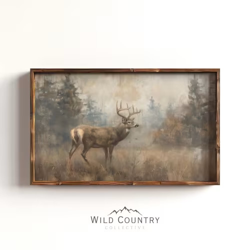 Rustic Deer Landscape Painting for Man Cave Hunting Decor Dark Brown Wall Art Cabin Decor Vintage Woodland Room Antique Forest Art Print - 14" x 11"(Horizontal) Art Print