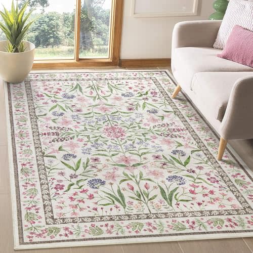 Amearea Floral Area Rugs for Living Room, 5x7 Feet Boho Pink Rugs for Bedroom Girls, Cute Kids Room Print Carpet Vintage Low Pile Machine Washable Area Rug, Office Nursery Dining Room Farmhouse Decor