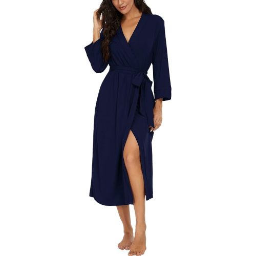 VINTATRE Robes for Women Long Knit Bathrobe XS-4XL | 3/4 Sleeve Bathrobes with Pockets, Stretchy and Lightweight Fabric, Inner Tie and Fixed Outer Belt, Mid Calf Length