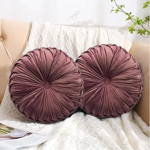 HIG Set of 2 Dusty Rose Velvet Decorative Round Pleated Throw Pillows