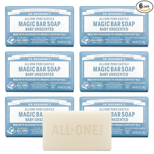 Dr. Bronner's Pure-Castile Magic Bar Soap (Baby Unscented, 5 oz, 6-Pack) - Made with Regenerative Organic Certified Oils, For Face, Body & Hair, Gentle for Sensitive Skin - Vegan, Non-GMO