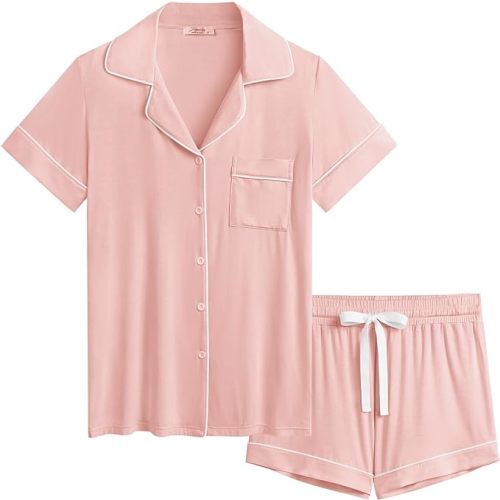 Cherrydew Women Bamboo Viscose Super Soft Comfy Summer Cooling Short Sleeve Button Down Pajama Shorts Set S-XXL