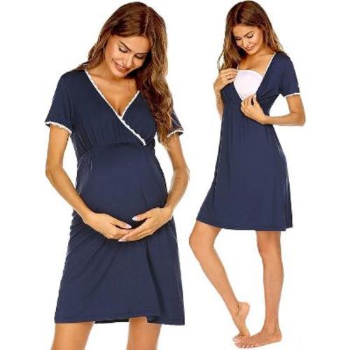 Ekouaer Nursing Nightgown Delivery and Labor Gown for Hospital Short Sleeve Maternity Breastfeeding Dress Navy Blue L