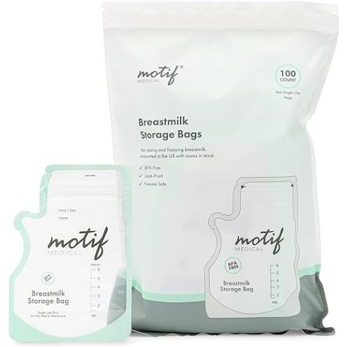 Motif Medical Breastmilk Storage Bags - Breastmilk Freezer Bags w/Easy Pour Spout, Write-On Label - Leak-Proof Double Zipper Milk Bags for Breastmilk - Breastfeeding Mom Gifts (6 oz, 100 Count)