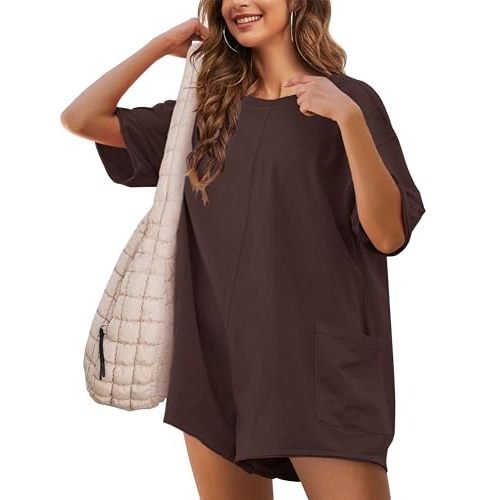 Yeokou Rompers for Women Casual Short Sleeve Oversized Athletic Workout Reversible Hot Shot Tee Romper Deep Pockets