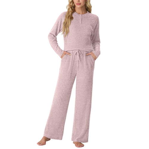 MINTREUS Women's Pajama Set Long Sleeve Lounge Set Ribbed knit Sleepwear Two Piece Pjs Set with Pocket