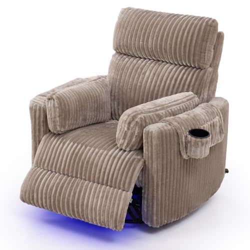 Dual Motor Power Recliner Chair, Swivel Glider Chair for Nursery | Rocking Reclining Chair with 3-Position Adjustable Headrest, Lighting, Charging Port, Cup Holder for Bedroom, Corduroy Kahki