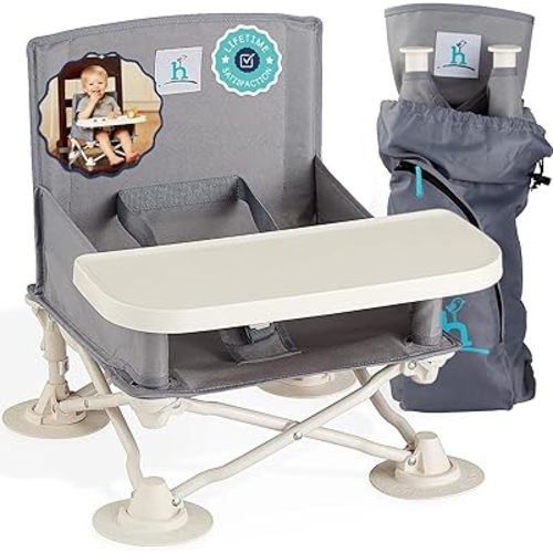 Hiccapop OmniBoost Travel Booster Seat with Tray for Baby, Dining Table, Camping, Beach, Grandma’s | Folding Portable Tip-Free Design Straps to Kitchen Chairs