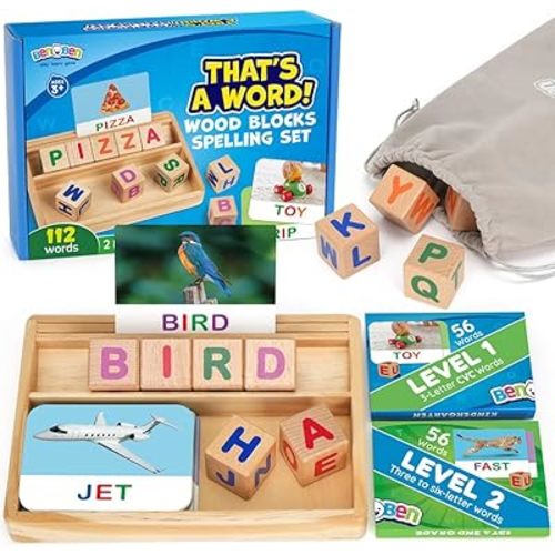 BenBen Spelling Games with Flash Cards, Montessori Toys for 3 4 5 6 Years Old Kids, Wooden Matching Letters Games, CVC Word Educational Learning Toys, Gift for Preschool Kindergarten