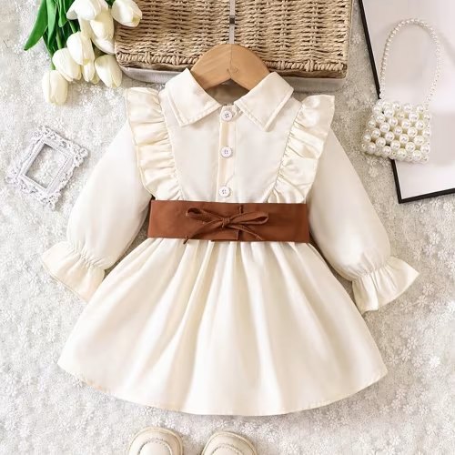 BLTIBY Girls Dress Casual Ruffle Trim Cap Sleeve Lapel Button Front Belted A-Lined Pleated Dresses Beige 6-9 Months