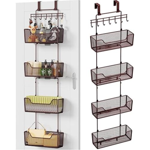 HapiRm Over The Door Organizer - Hanging Door Organizer with 4 Metal Large Capacity Baskets and Adjustable Coat Hook for Bathroom Bedroom Kitchen Pantry Closet Cabinet