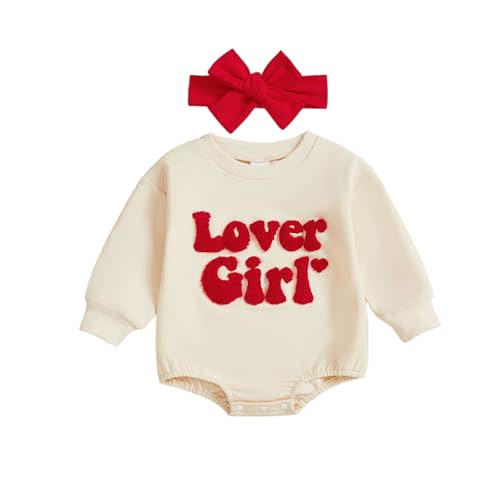 Lesimsam Newborn Baby Boy Girl Valentines Outfit Letter Embroidery Sweatshirt Bubble Romper Oversized Long Sleeve Bodysuit