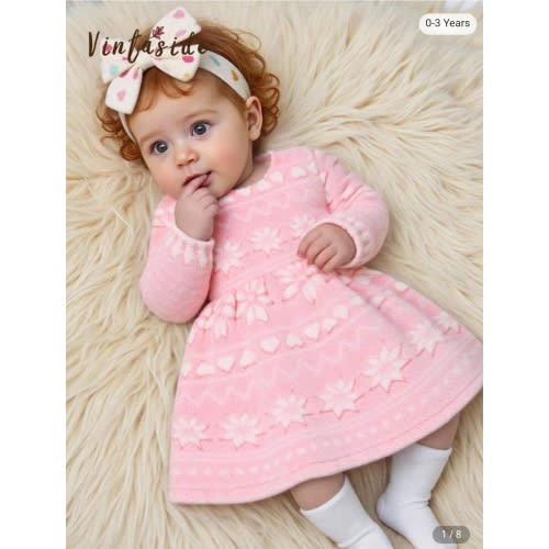 SHEIN Vintaside Kids Baby Girl Snowflake & Heart Retro Pattern Floral Fleece Long Sleeve Pink Dress, Autumn/Winter Fall | SHEIN USA