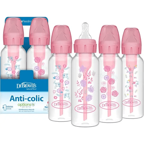 Dr. Brown's Anti-Colic Options+ Narrow Baby Bottle, Pink Floral, 4-Pack