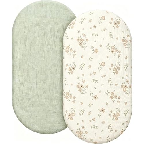 Organic Baby Bassinet Sheets 2 Pack 33”x17” 100% Muslin Cotton for Baby Girl Boy, 1Soft Fitted Mattress Pad Cover Compatible with Halo BassiNest Swivel Sleeper, Graco, Baby Delight, Chicco, Angelbliss