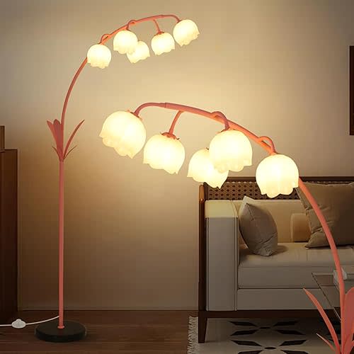HMVPL Pink Flower Floor Lamp for Living Room, Floral Arched Floor Lamp with 5 G9 LED Bulbs, Foot Switch, Curved Standing Lamp with Acrylic Shade, Cute Tall Lamp for Living Room Bedroom Girls Nursery