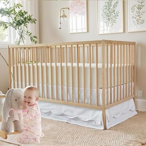 Brandream Scallop Edge Cotton Crib Skirt Toddler Bedskirt Baby Nursery Crib Bed Skirt Double Layer Boho Bohemian Neutral Solid Color Cream Off White Crib Bedding Skirt