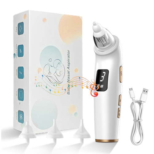 Rechargeable Electric Baby Nasal Aspirator - 3 Gears Suction Adjustment, 3 Interchangeable Tips, Built-in Music Function,Gentle Snot Cleaner for Infants & Babies