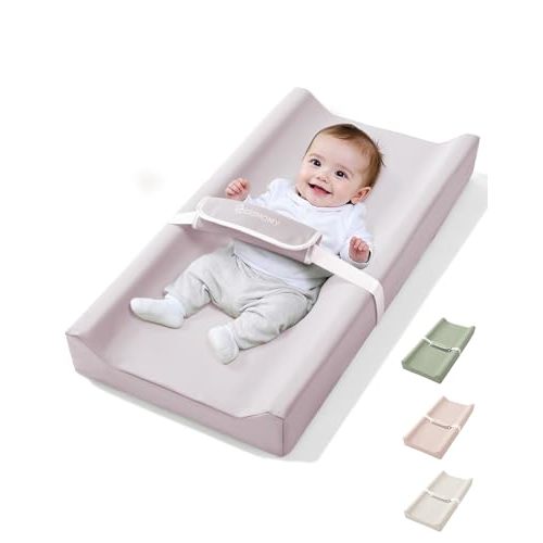 COMOMY Baby Changing Pad with Wipeable & Waterproof PU Cover | Contoured Diaper Changing Pad for Dresser with Non-Slip Safety Belt, Portable and Lightweight, Large Cushioned Foam, Lavender