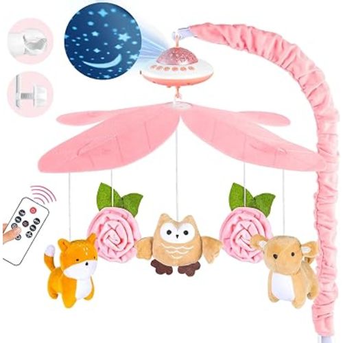 Móvil para cuna de bebé con música y luces rosa