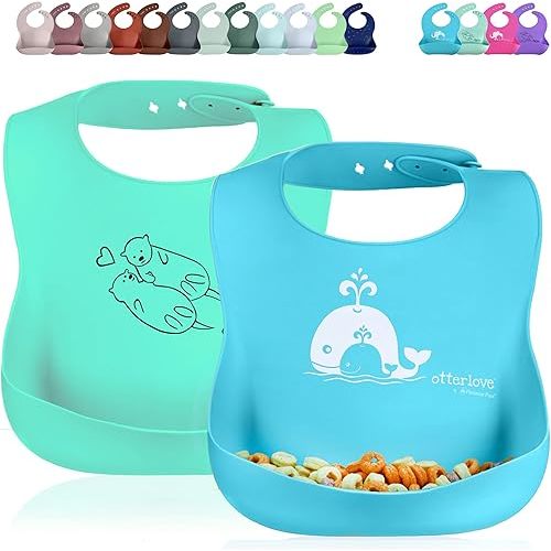 otterlove Silicone Bib – 100% Pure Platinum LFGB Baby Bibs – No Fillers – BPA and Phthalate Free (2 Bib Pack Blue Whales & Green Otters)
