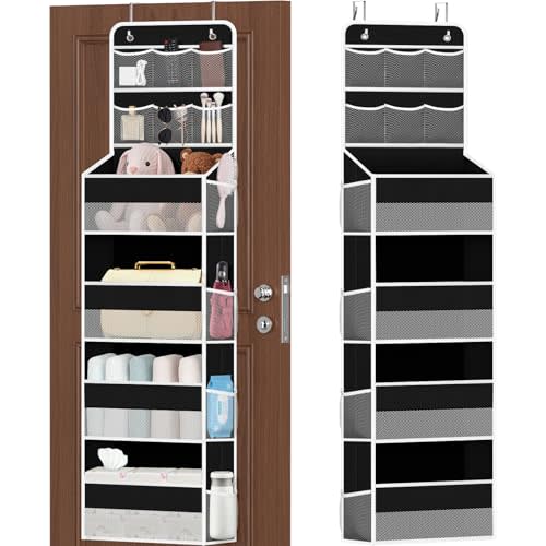 SpaceHacks 6-Tier Over the Door Organizer with Mesh Pockets, Baby Nursery Storage for Closet, Bathroom and Bedroom, Adjustable Hanging Closet Organizer for Cosmetics, Books and Essentials (Black)