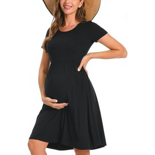 Bearsland Women’s Long Sleeve Maternity Dresses Patchwork Pregnancy Dress with Pocket