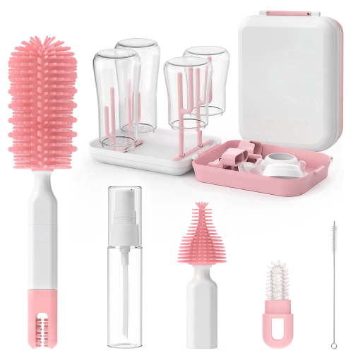 Minikid Baby Bottle Brush Set, 9-in-1 Portable Travel Bottle Cleaning Kit, BPA-free, Compact Travel Baby Essential for Home & on the Go, Pink